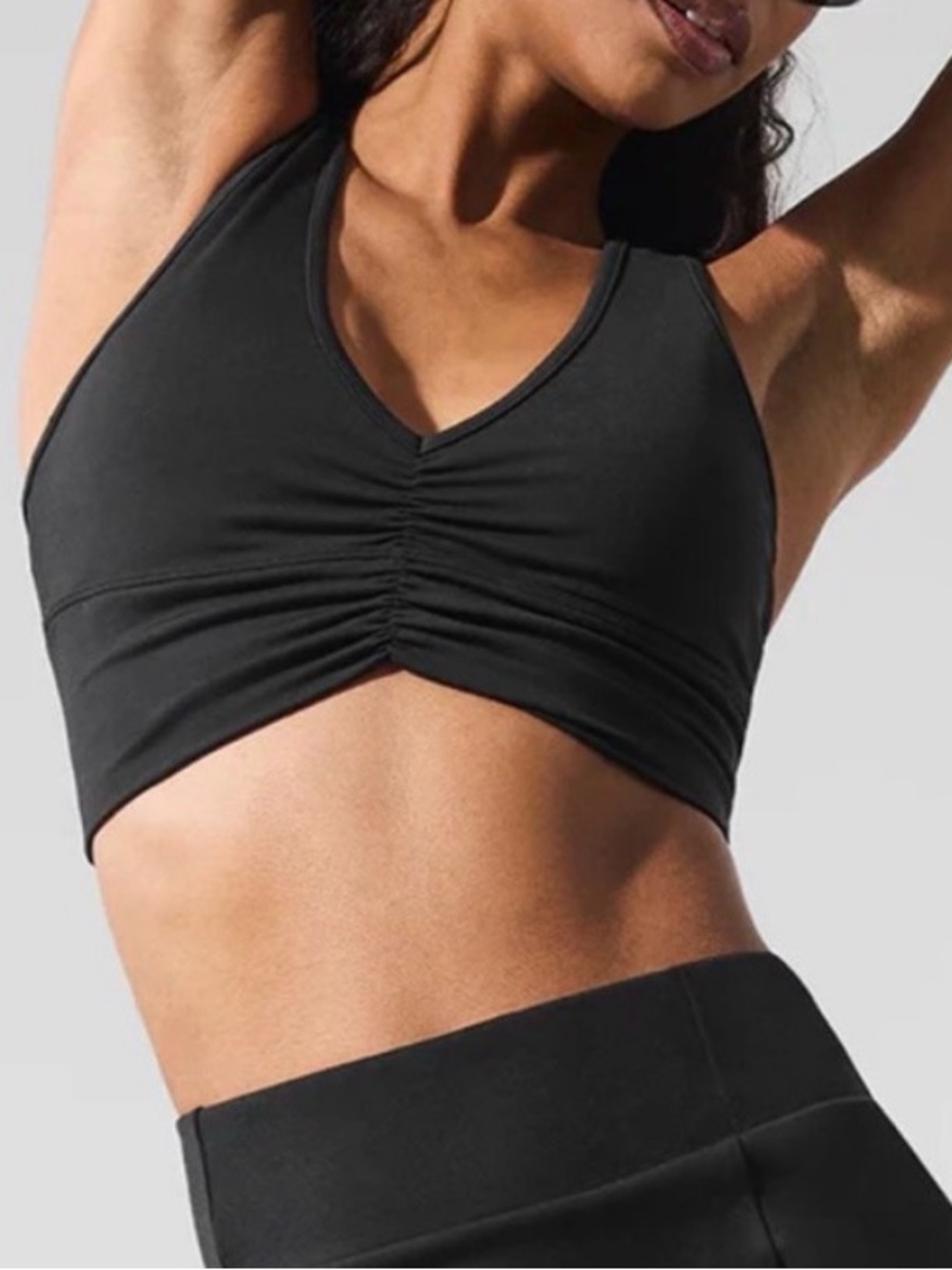 ALO Wild Thing Black Ruched V-Neck Sports Bra Women’s XS